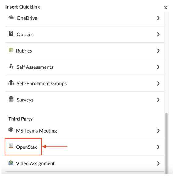 D2L assignment editor showing the OpenStax tool listed under Third Party in the Quicklink menu