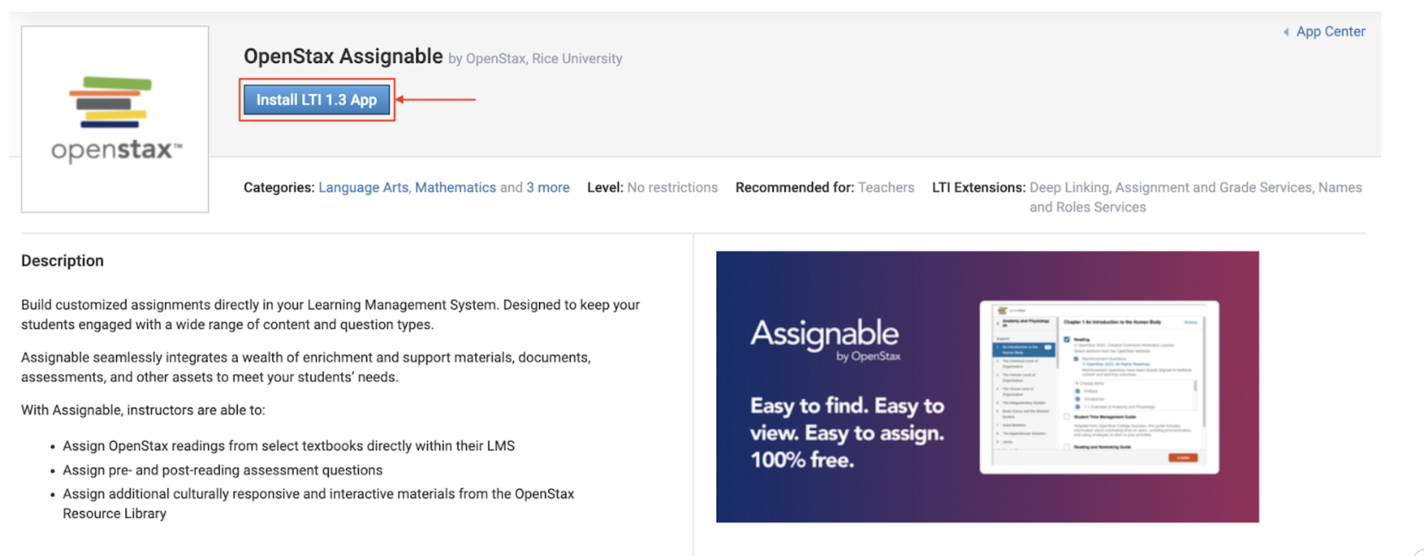 Schoology app page with the Install LTI 1.3 App button