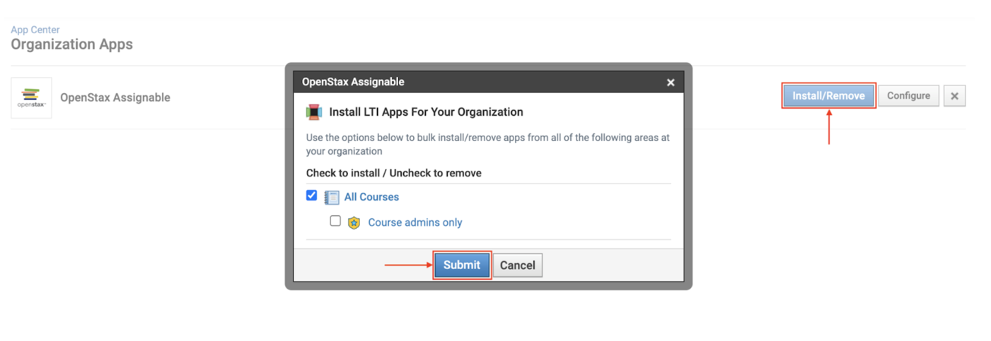 School Apps page with the Install/Remove and Submit buttons