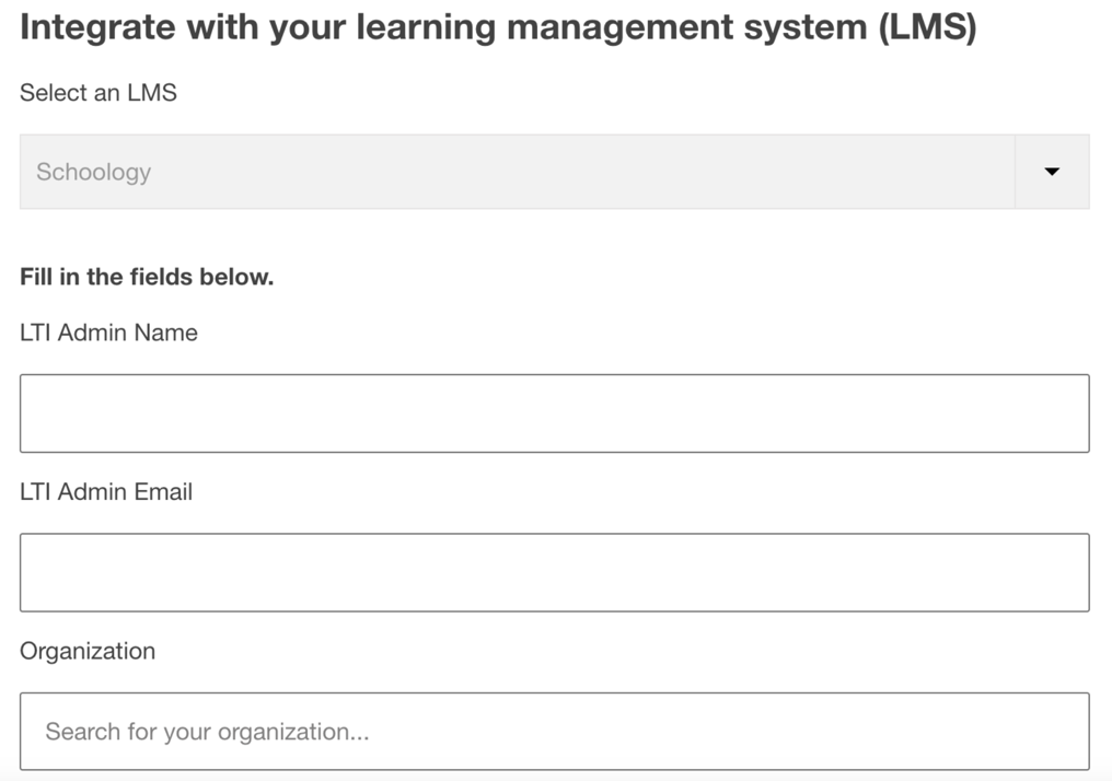 Contact information form with institution dropdown and submit button