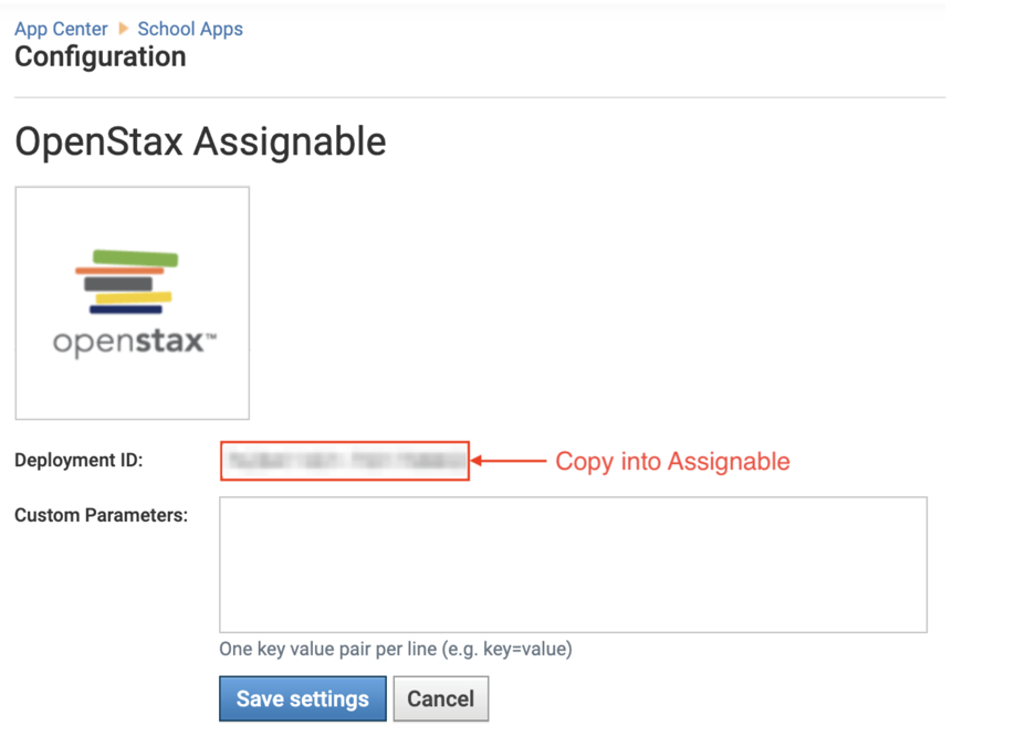 Configuration page displaying the Deployment ID to copy