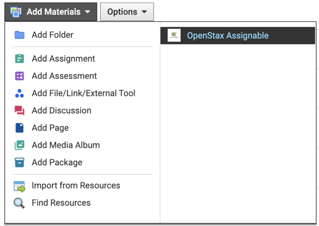 Schoology course page showing OpenStax Assignable listed under Add Materials