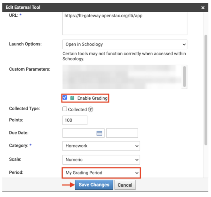 Edit External Tool dialog with grading enabled and a grading period selected