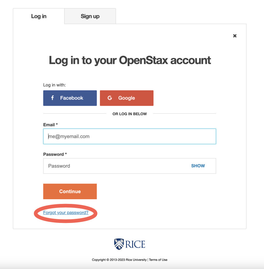 Forgot your password link below the Continue button