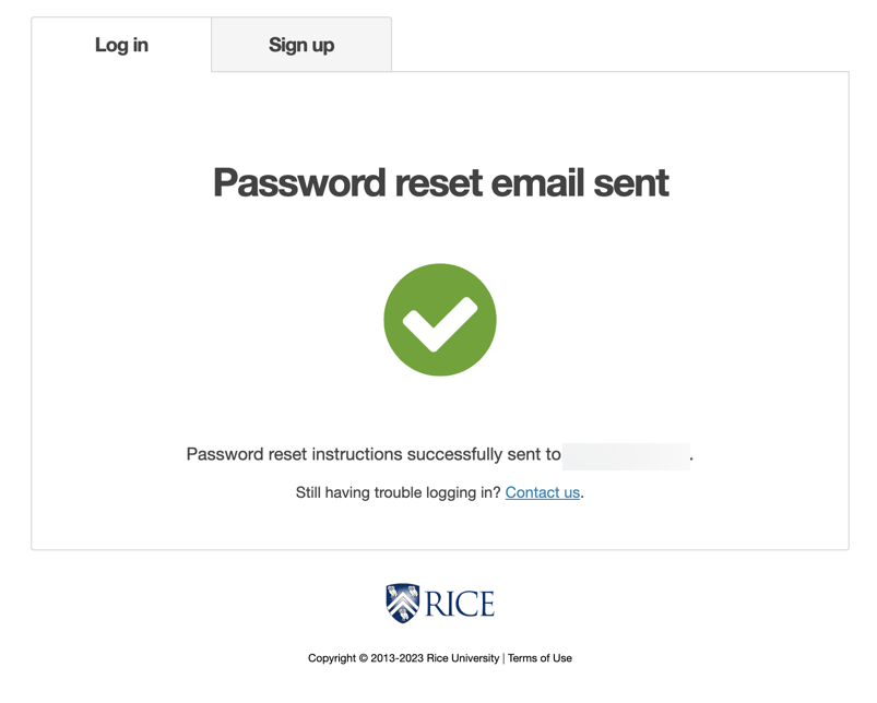 Message confirming that a password reset email has been sent
