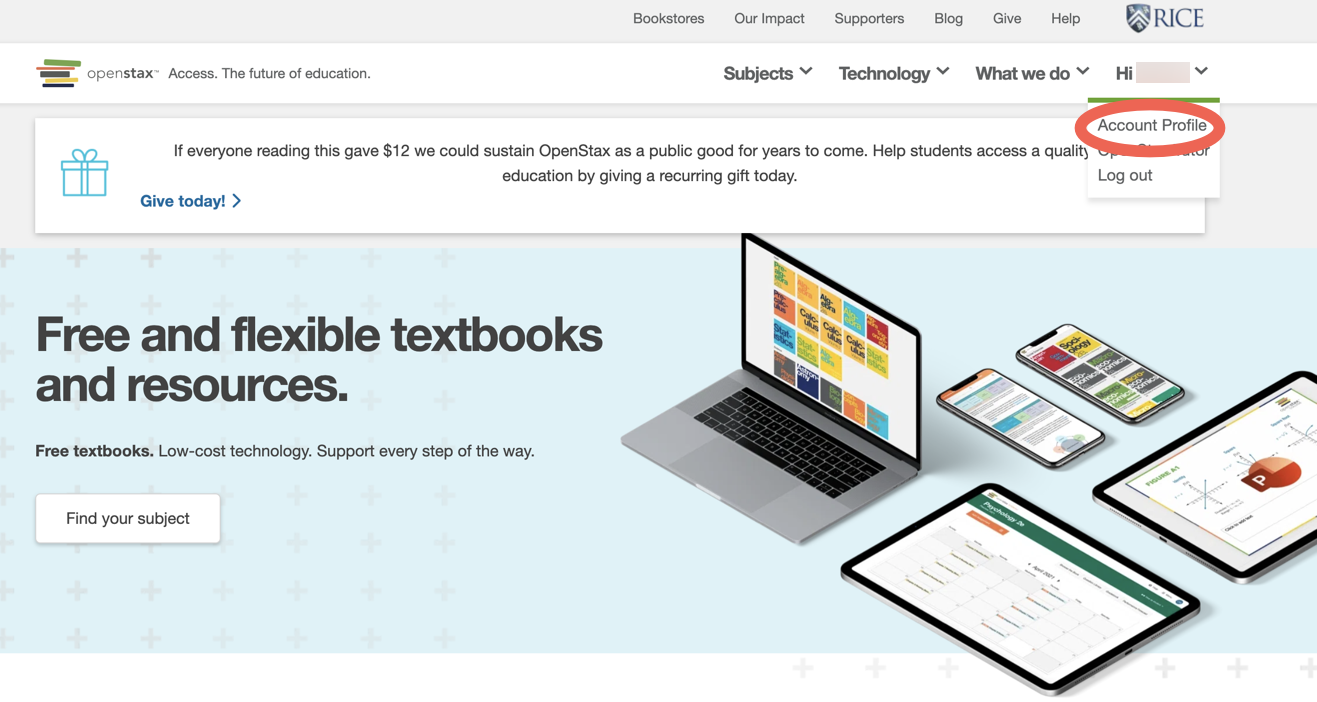 Account Profile option in the menu under the user's name