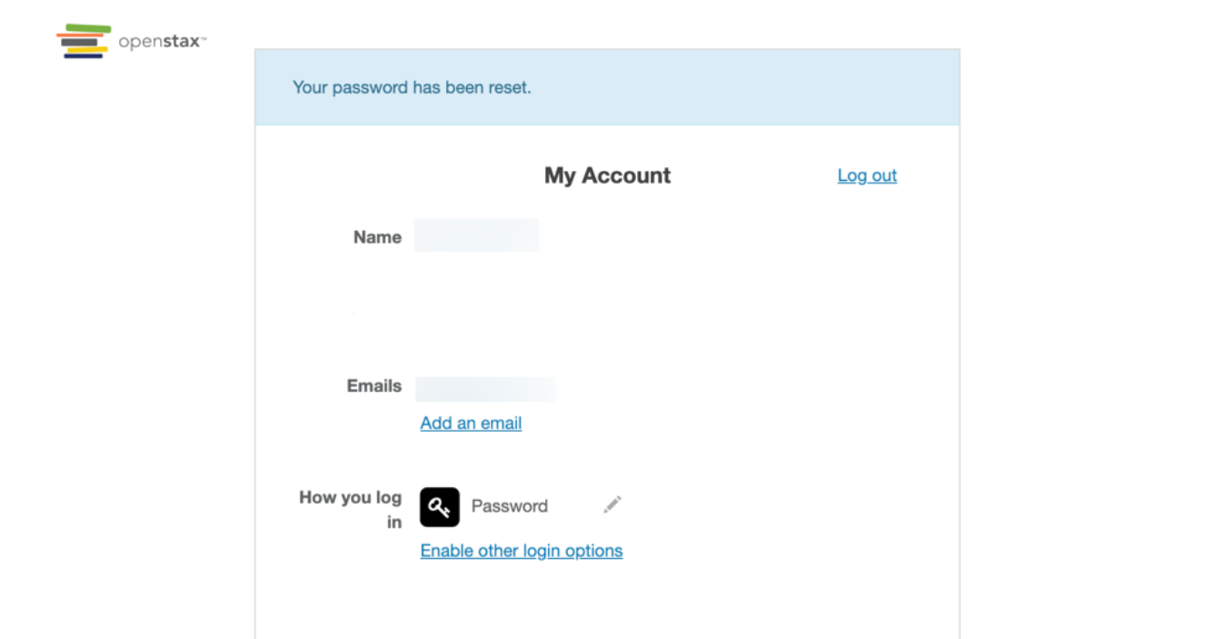 Account Profile page after successfully resetting password