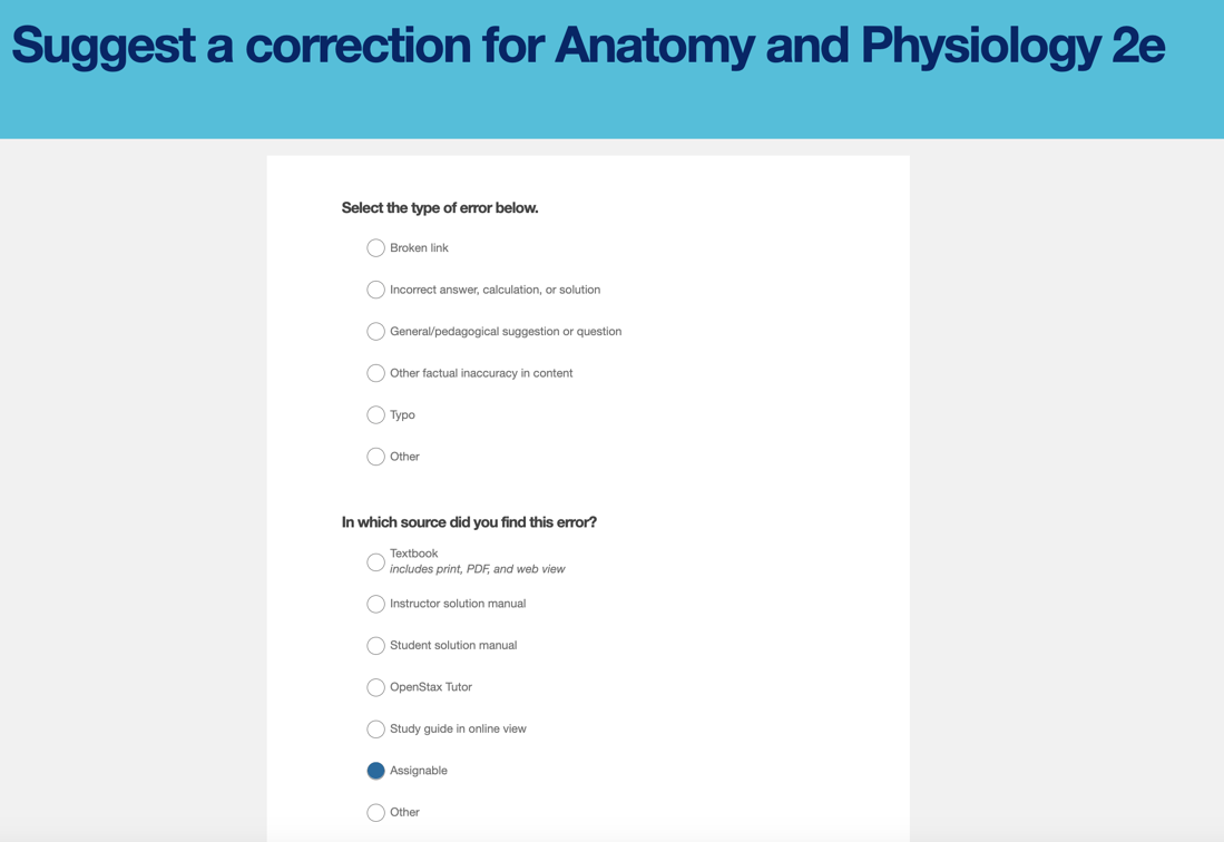 Suggest a correction for Anatomy and Physiology 2e