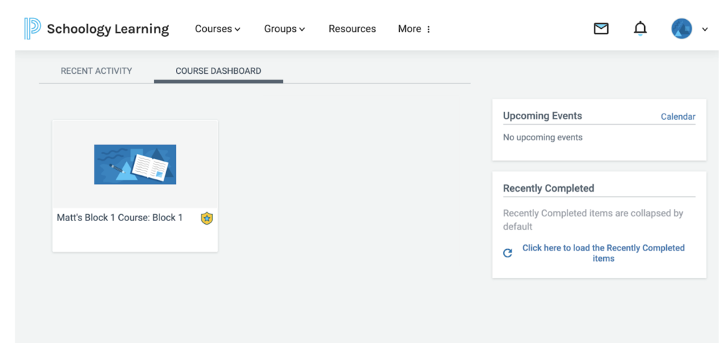 Schoology Course Dashboard showing available courses.