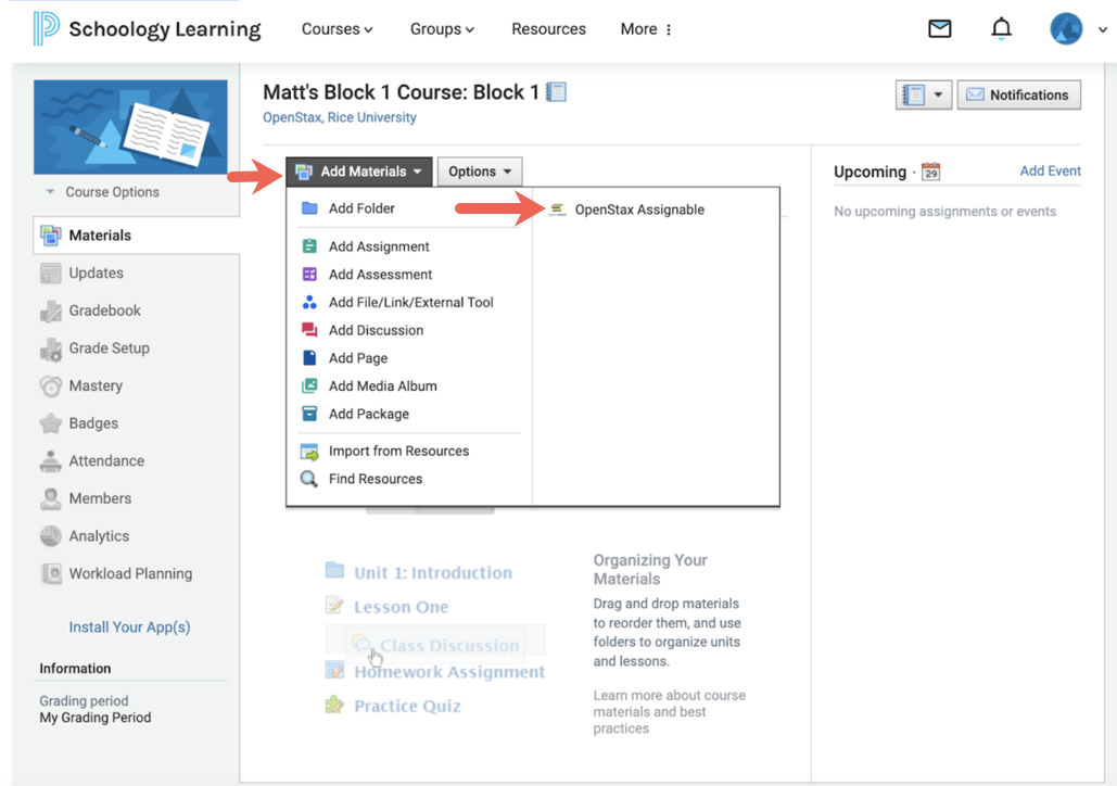 Add Materials dropdown menu showing OpenStax Assignable as an option.