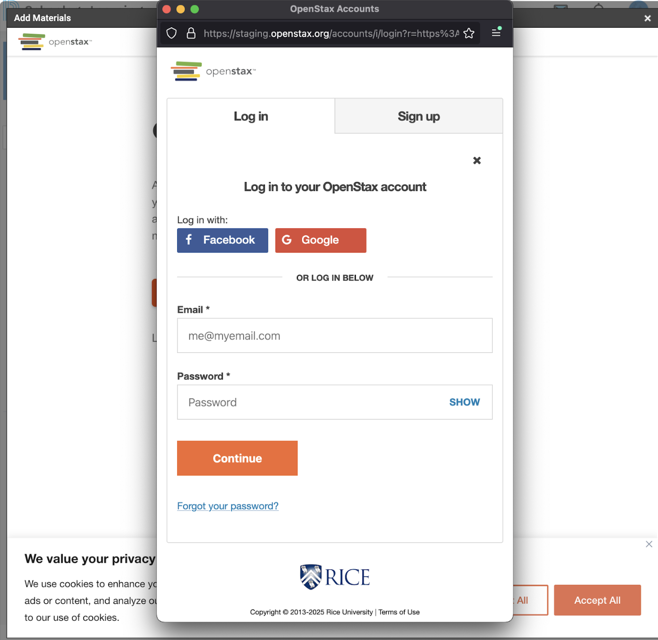 OpenStax login and sign-up page.