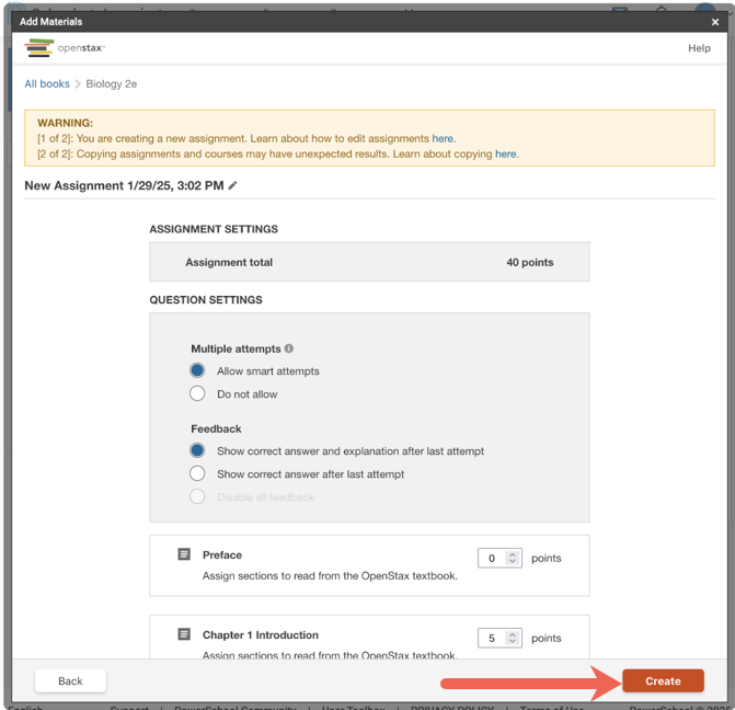 Assignment settings screen showing point totals, attempt options, feedback settings, and the Create button.