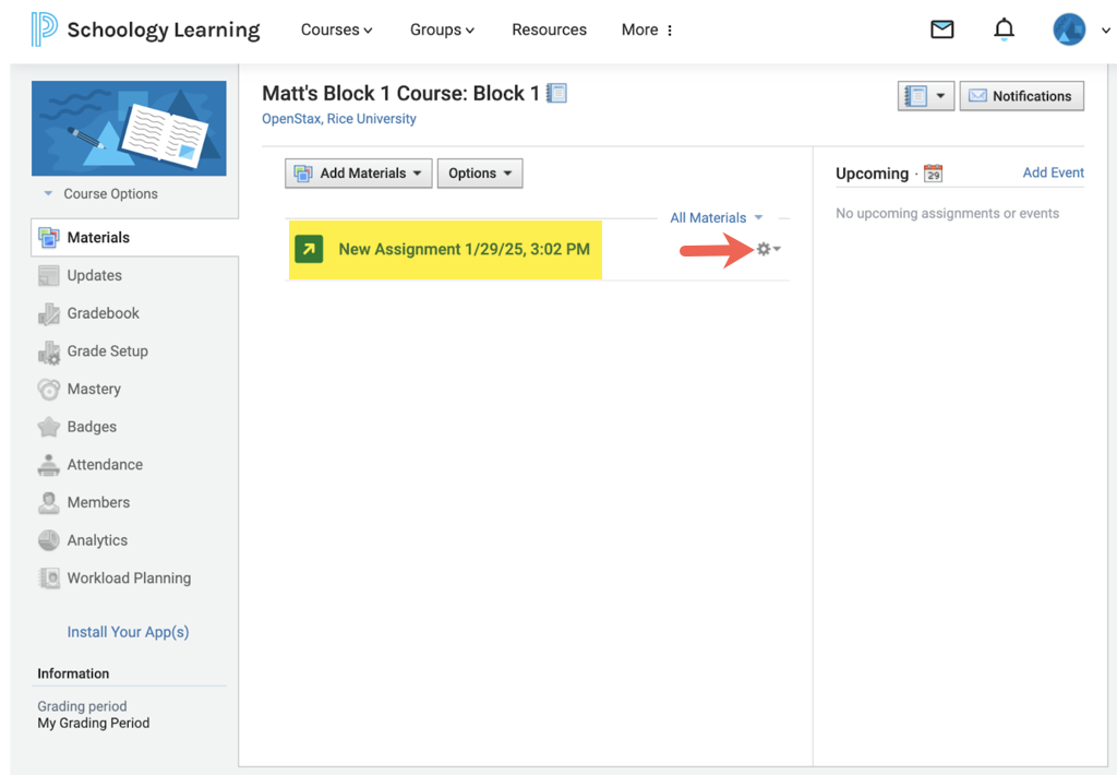 Schoology course page showing the new assignment with the gear icon for editing.