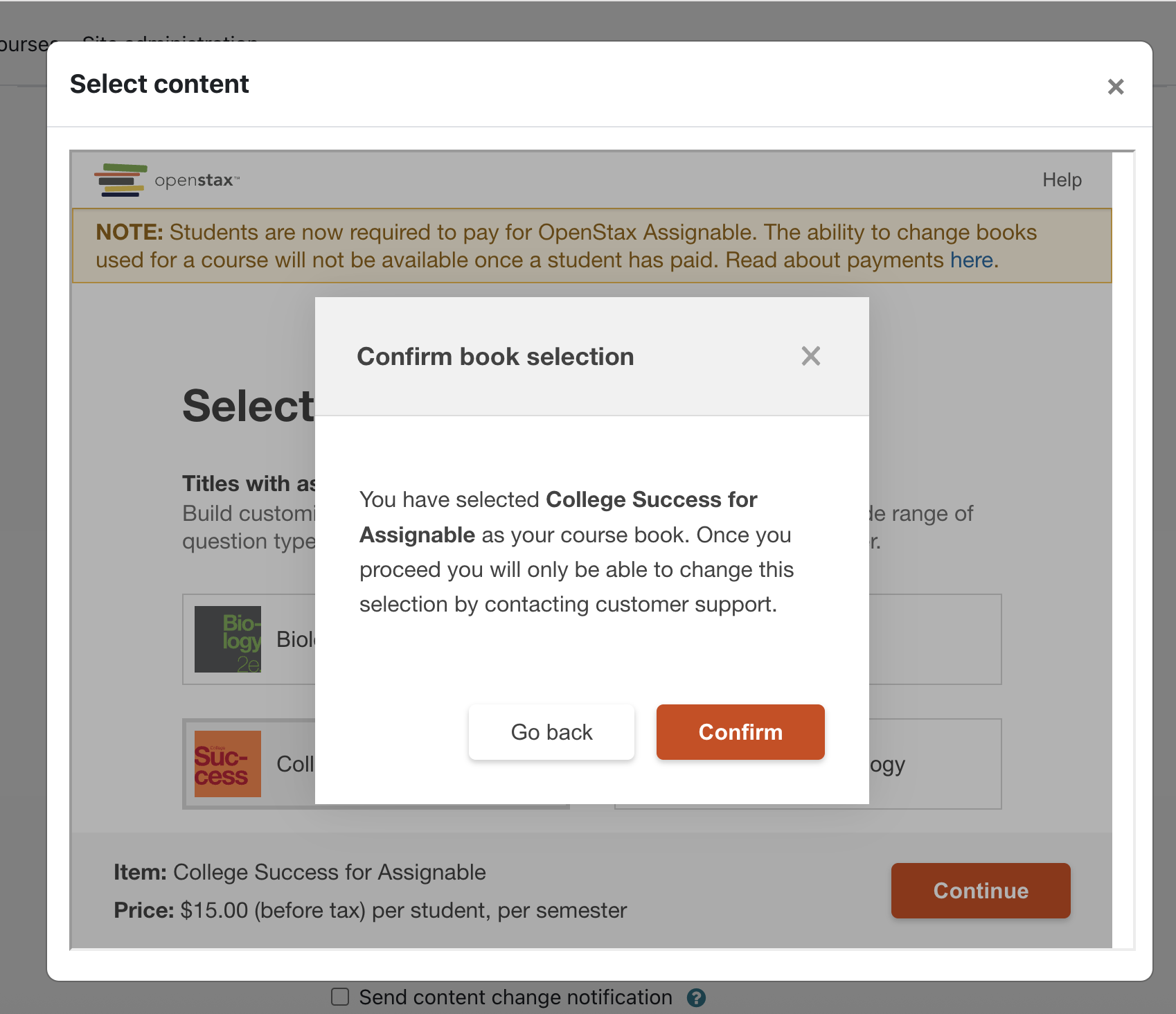 Confirm book selection dialog showing the selected title with Go back and Confirm buttons.