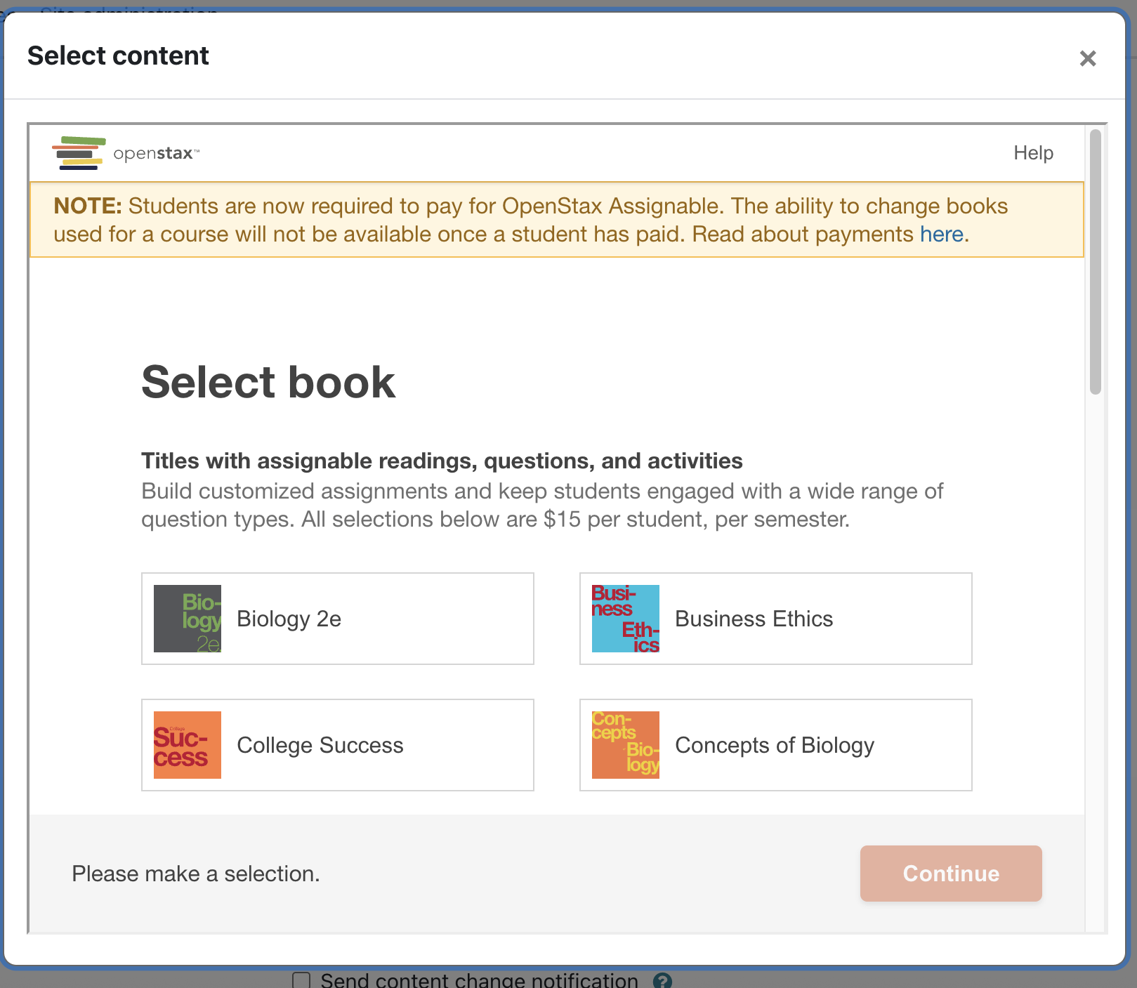 Textbook selection screen showing available OpenStax titles with assignable readings, questions, and activities.
