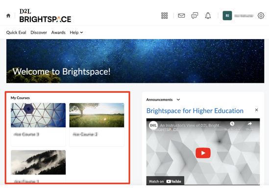 Brightspace dashboard showing a list of courses to select from.