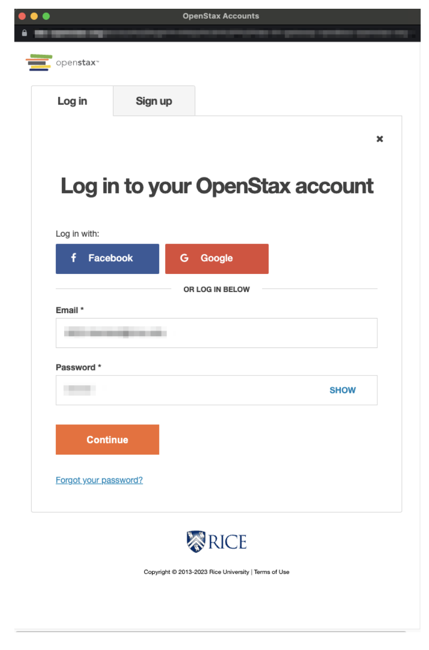 OpenStax login screen with options to log in or sign up.