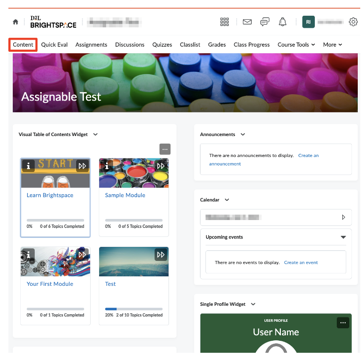 Course page with the Content tab highlighted in the navigation bar.