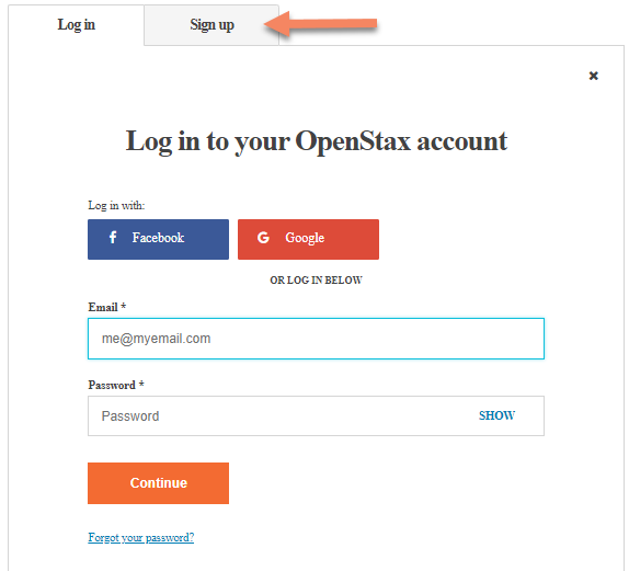 Login page showing the Sign up tab for creating a new account.