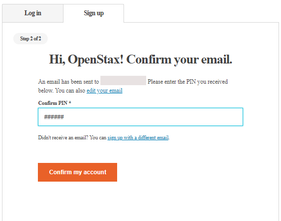 Account confirmation screen with a field to enter the six-digit PIN.
