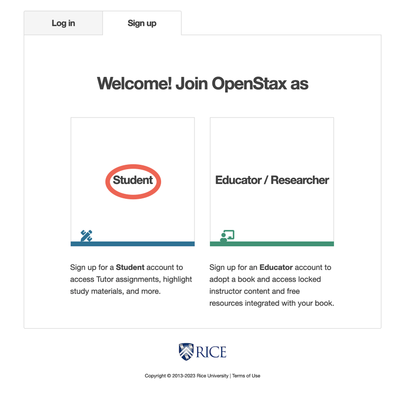 Account sign-up page with the Student role option.