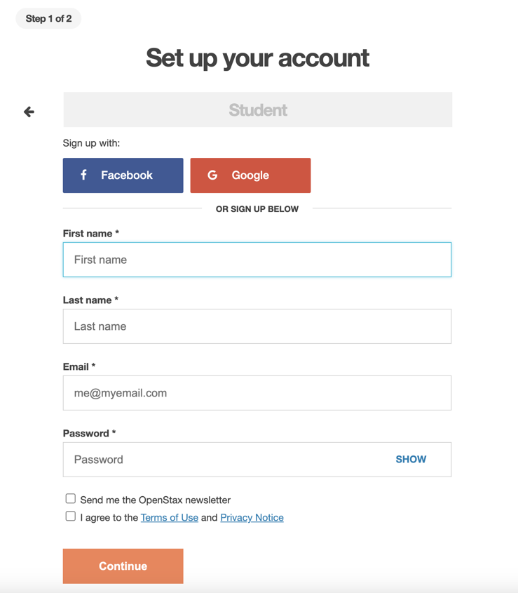 Account setup form showing fields for name, email, and password.