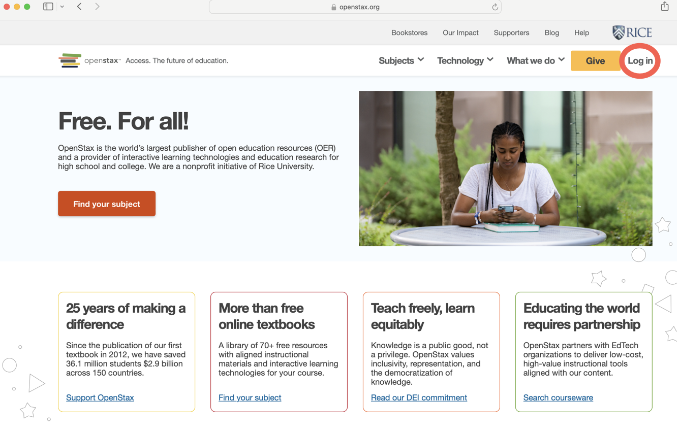 OpenStax.org homepage with the Log in button highlighted in the top right corner.