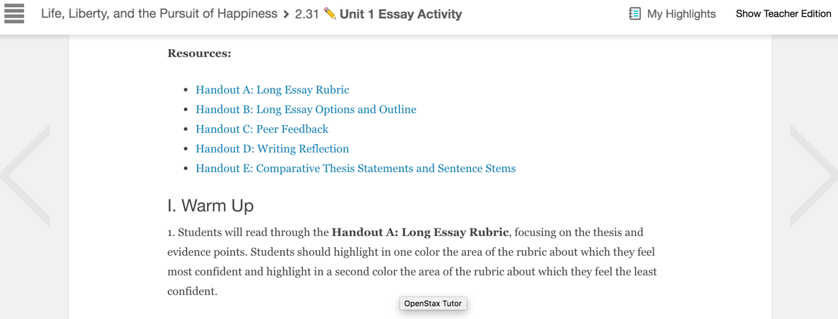 Handout link shown within the Life, Liberty and the Pursuit of Happiness course content.