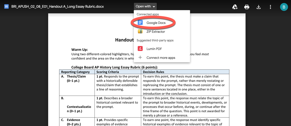 Google Drive preview with the Open with Google Docs option at the top of the page.