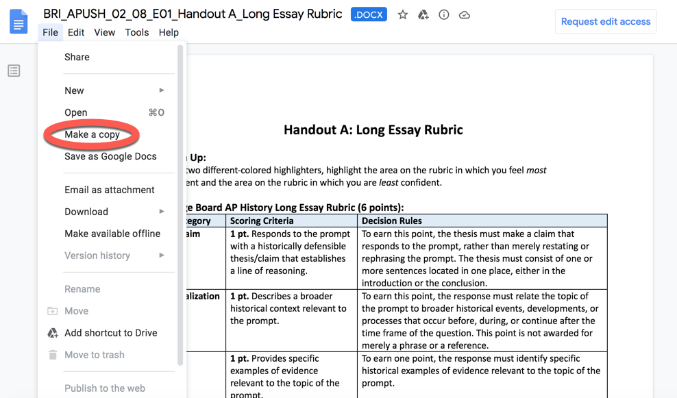 Google Docs File menu with the Make a copy option highlighted.