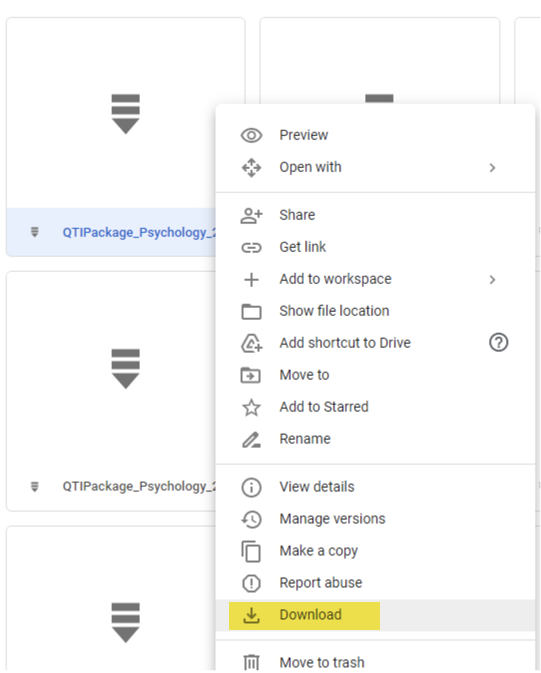 Google Drive folder showing individual chapter QTI files available for download.