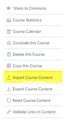 Canvas course Settings page with the Import Course Content option on the right side.
