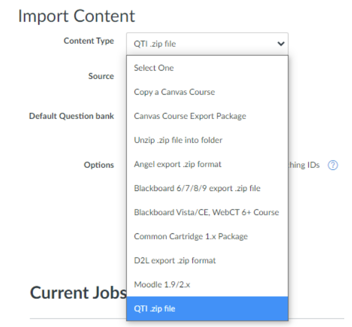Content Type drop-down menu with QTI .zip file selected.