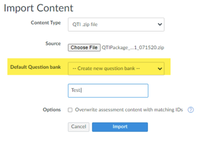 Default Question Bank section with Create new question bank selected.