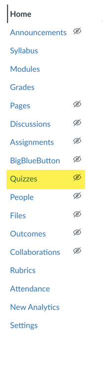 Canvas course navigation with Quizzes selected.
