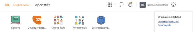 Brightspace course page with the settings icon menu expanded, showing the Import/Export/Copy Components option.