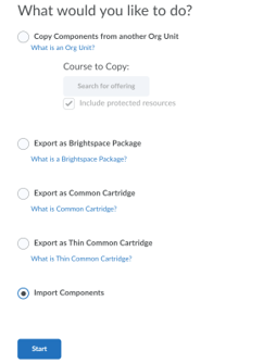 Import/Export/Copy Components page with Import Components selected and the Start button visible.