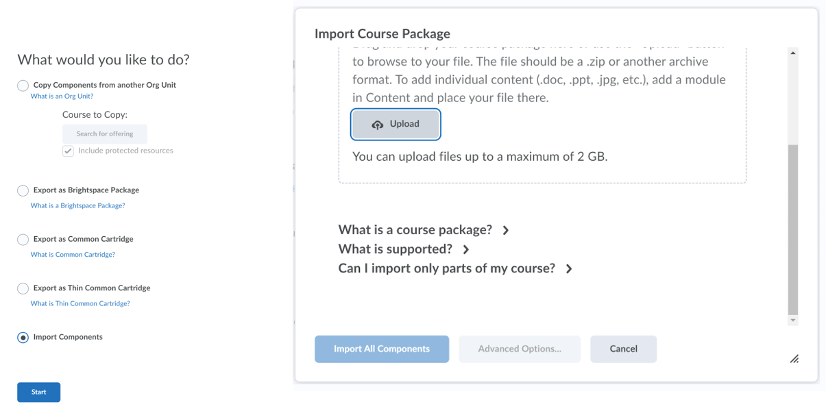 Import Components page with the Upload button highlighted.