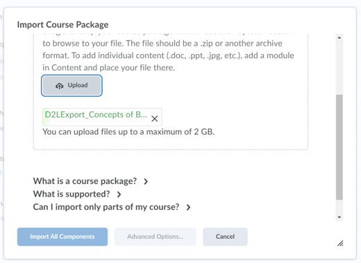 Import Components page showing the file upload in progress.