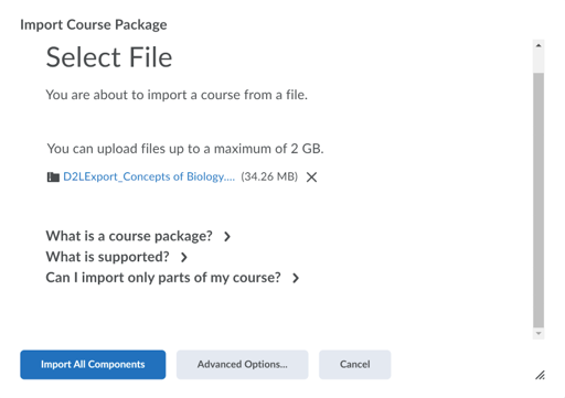Import Components page with the Import All Components and Advanced Options buttons available.