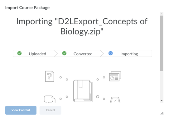 Import progress page showing blue pending circles changing to green check marks.