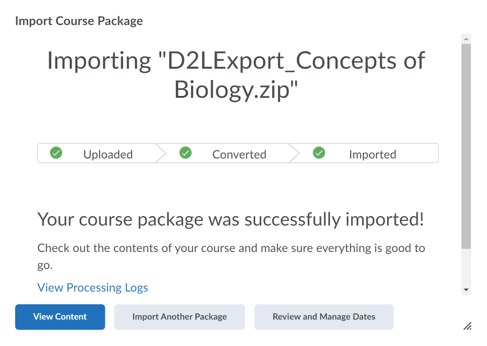 Import progress page with all three indicators showing green check marks and the View Content button.