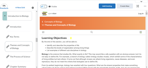 Brightspace Content page showing the imported course structure with Units, Chapters, and sub-modules.
