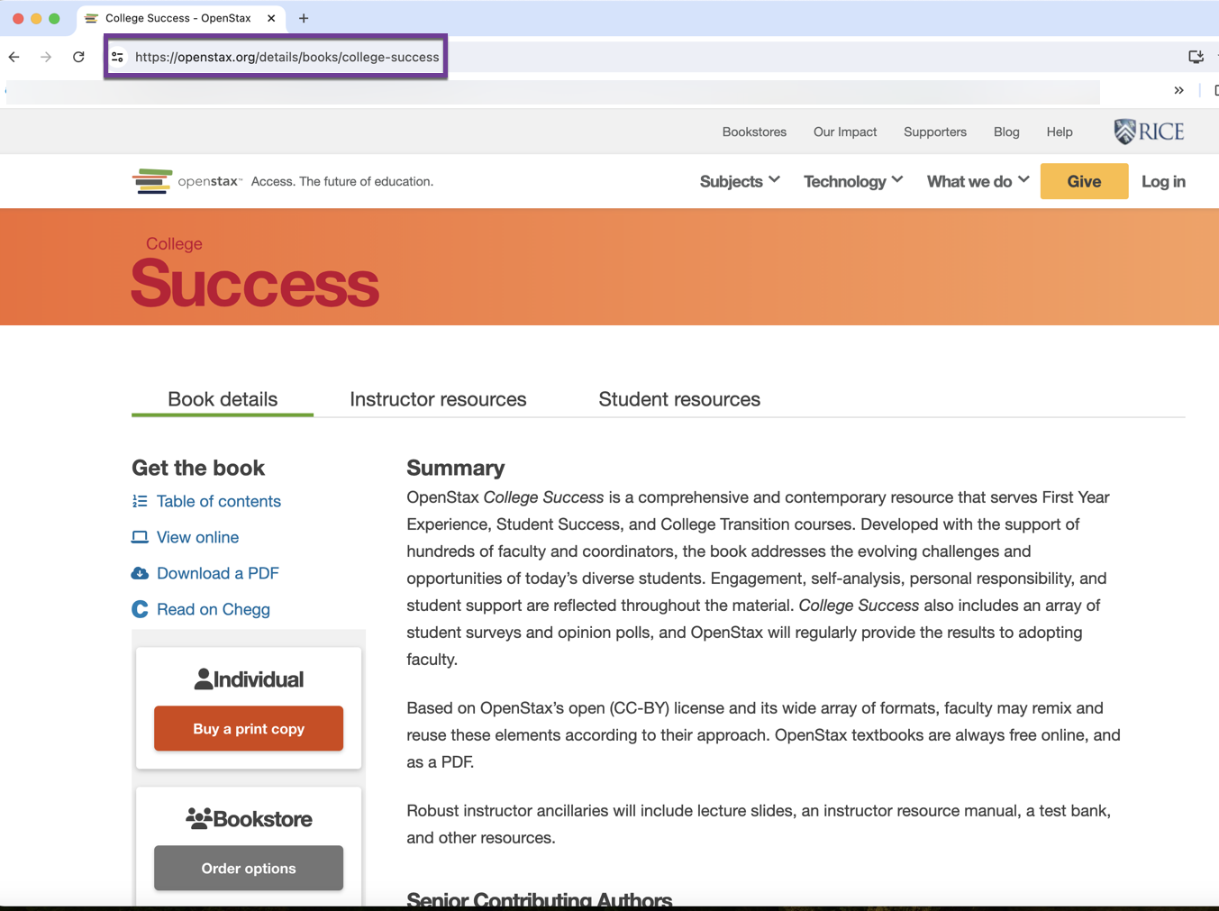 Browser address bar showing the URL for the College Success book details page.