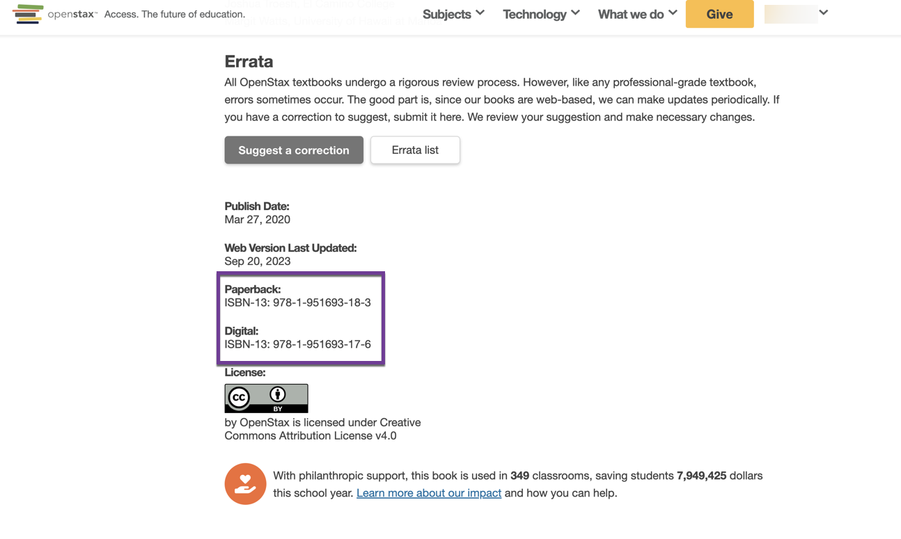 Bottom of the College Success book details page showing the Print ISBN and Digital ISBN.