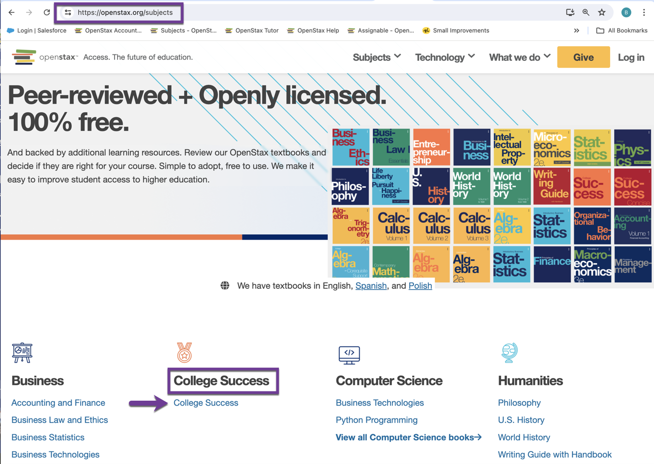 OpenStax Subjects page with the College Success category highlighted.