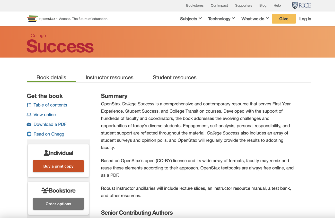 College Success book details page.