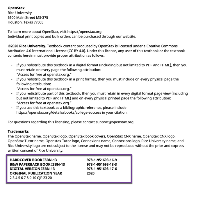 Front matter page of the College Success textbook showing the Print ISBN and Digital ISBN.