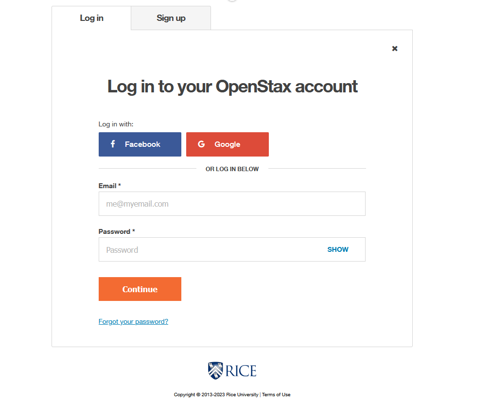 OpenStax login screen with fields for email address and password, and the Continue button.