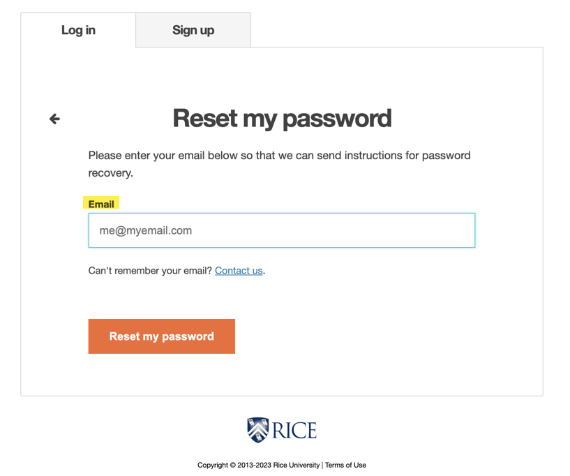 Reset password screen with the email address field.